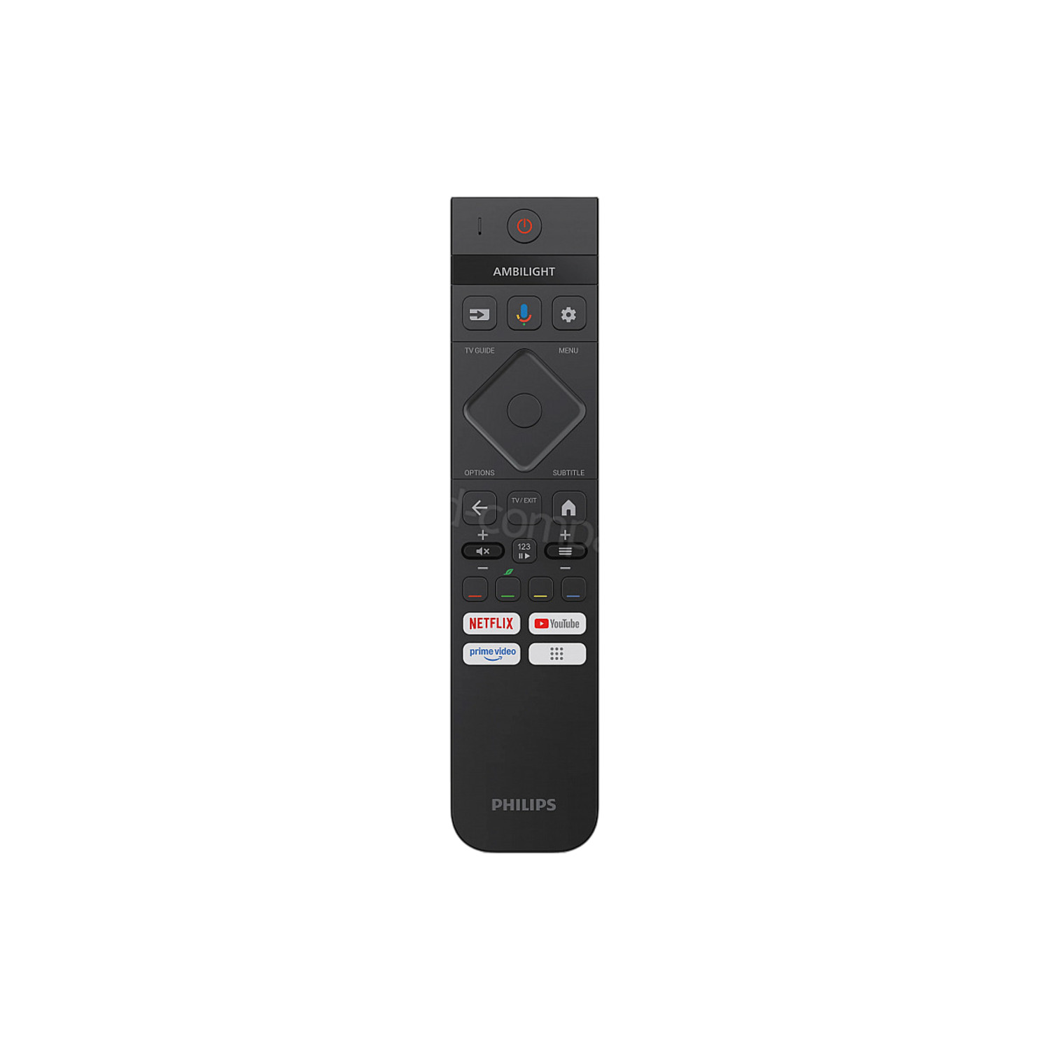 Télécommande noire avec de nombreux boutons, y compris les icônes Netflix et YouTube.