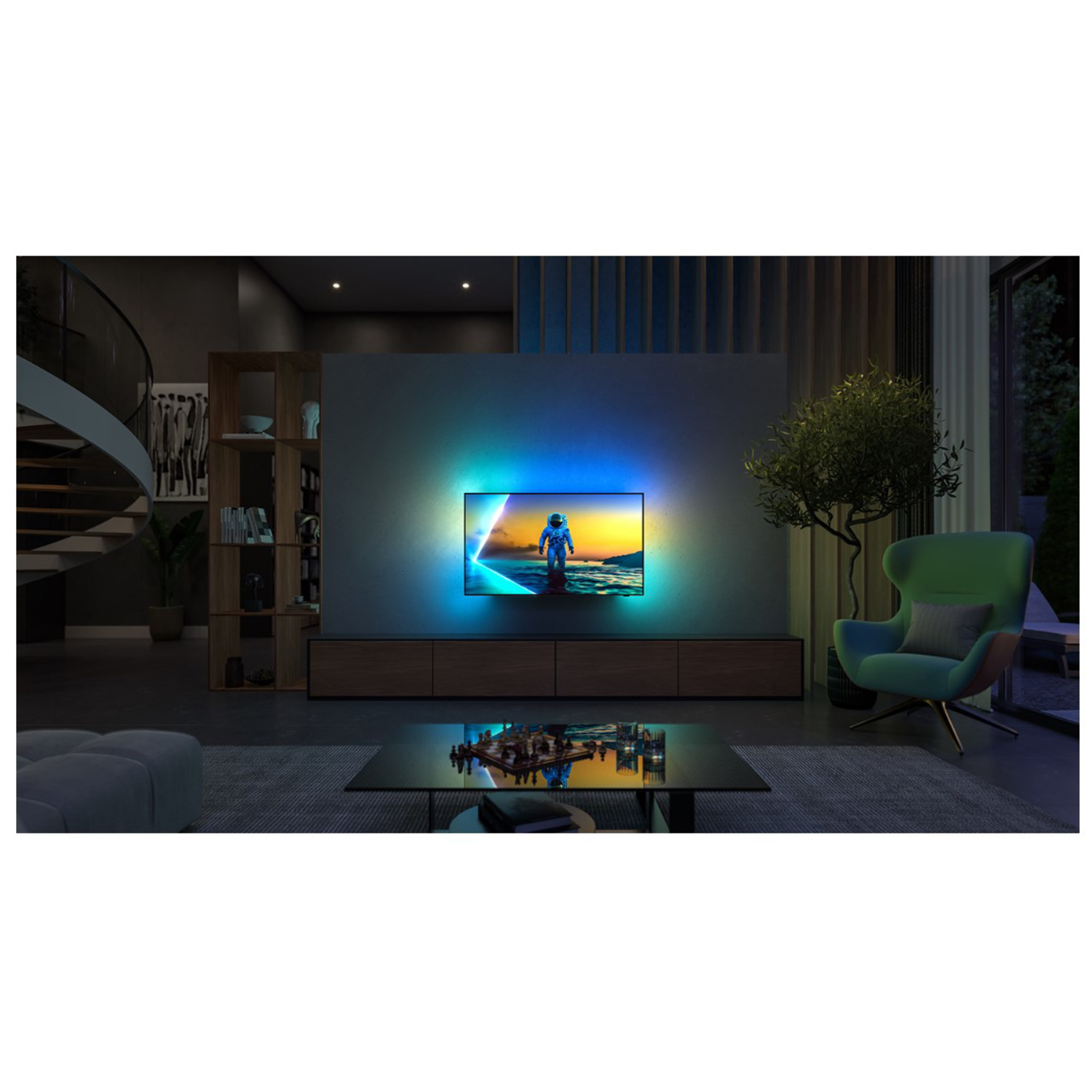 Salon moderne avec TV affichant un astronaute. Ambilight colore le mur.