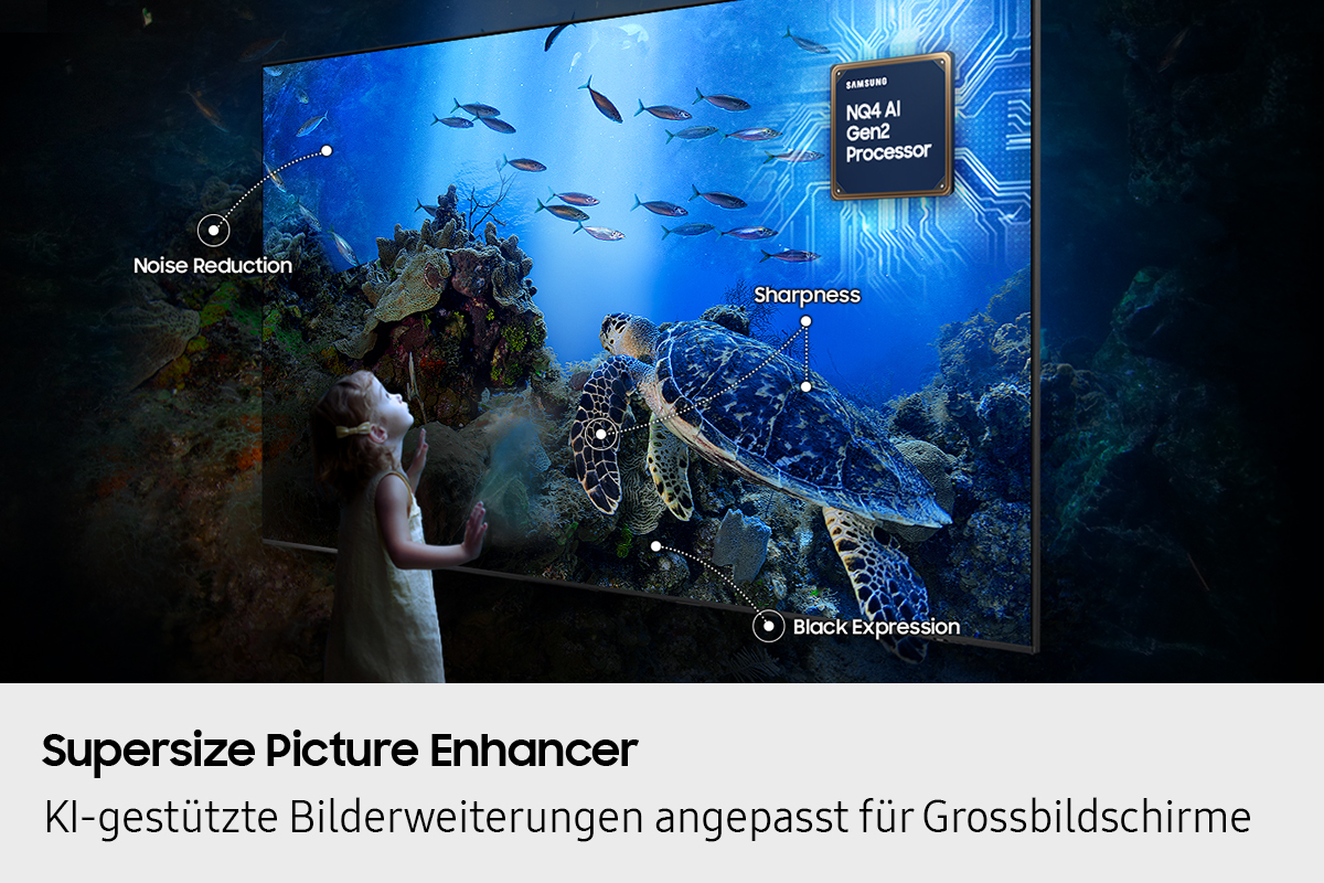 Schermo TV con scena subacquea, con testo: 'Supersize Picture Enhancer'.