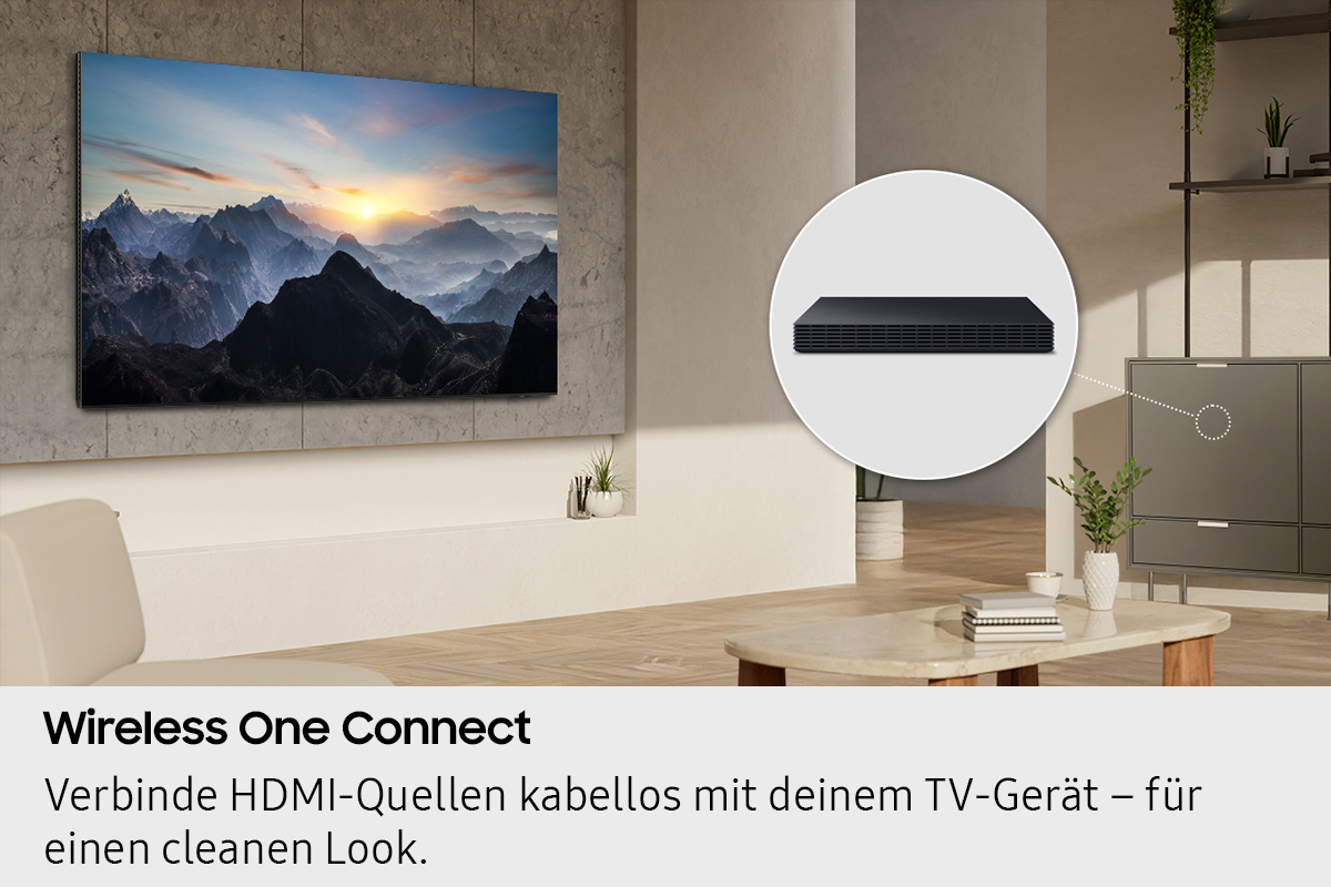 TV su una parete con un paesaggio montano. Wireless One Connect Box evidenziata.