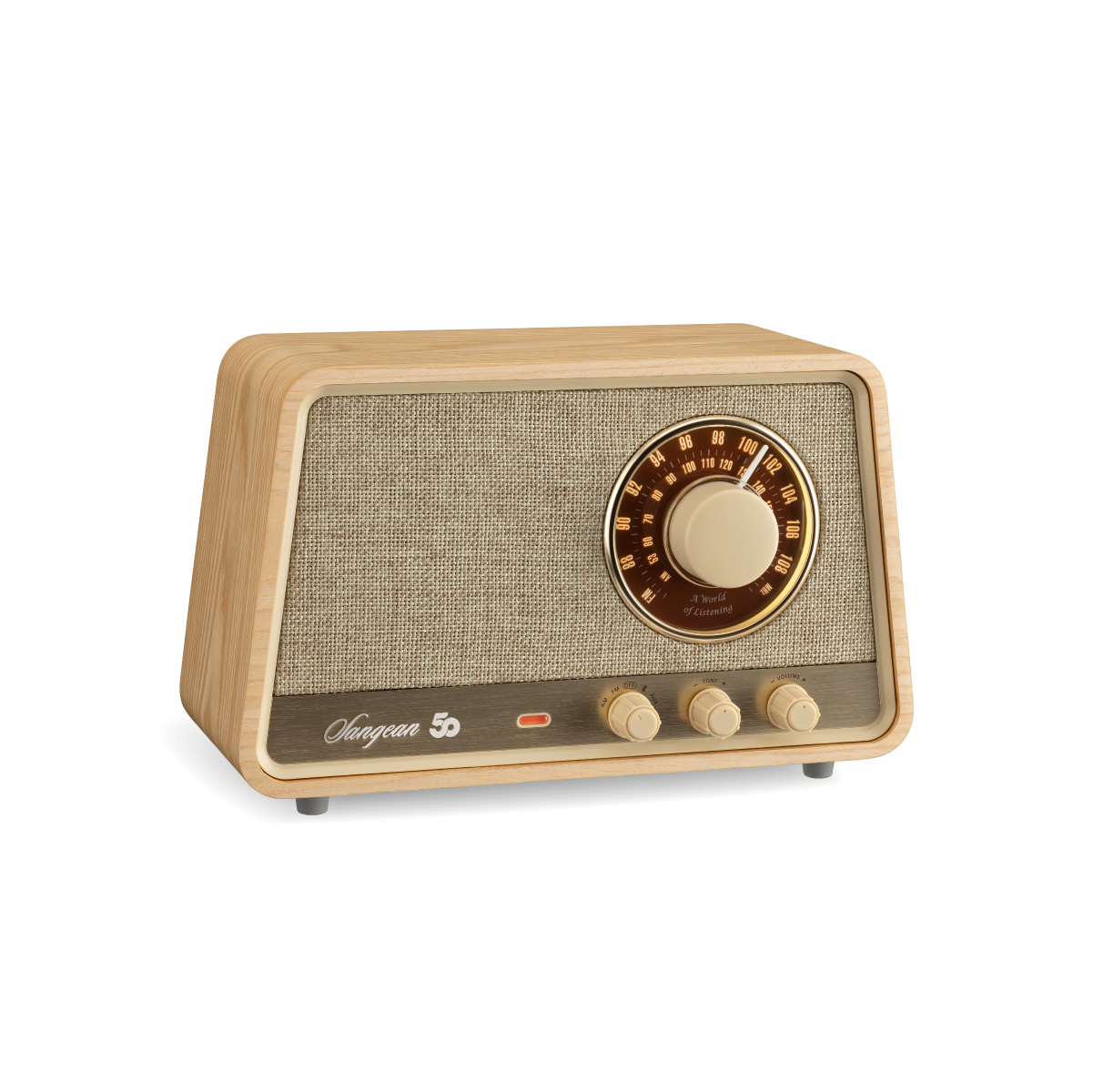 Holzradio mit beigem Stoff-Lautsprecherbezug und Drehknopf. Schwarzer Hintergrund.
