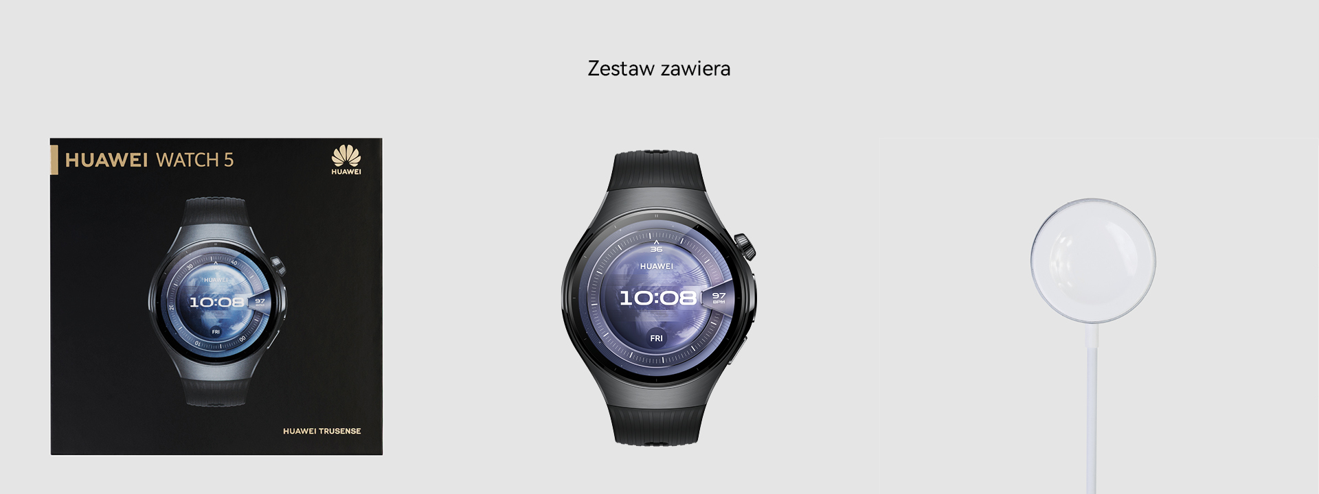 Smartwatch na czarnym tle. Akcesoria: stacja ładująca. Białe tło.