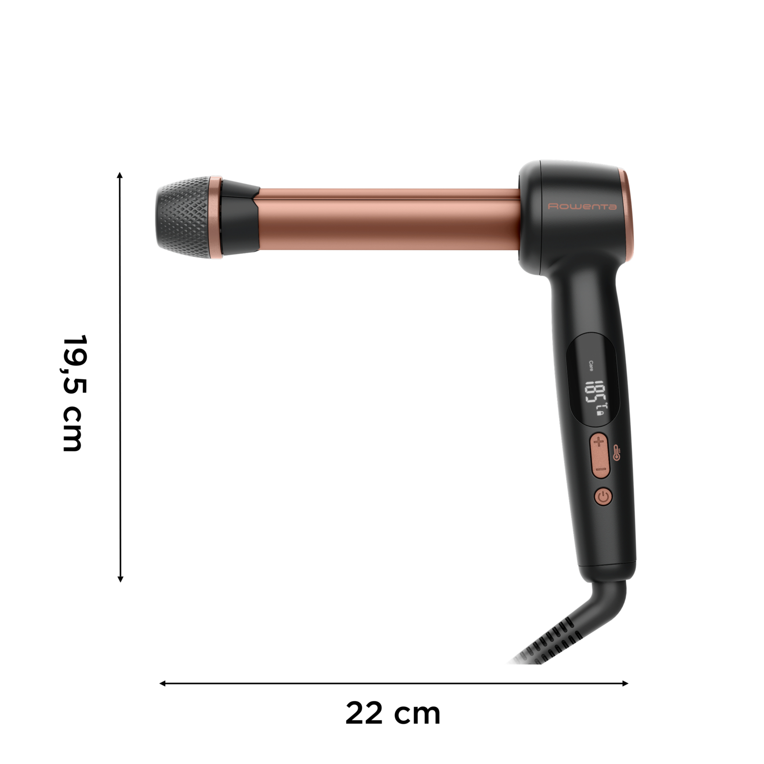 Rizador sobre blanco. Dimensiones en centímetros, 19,5 cm alto y 22 cm ancho.