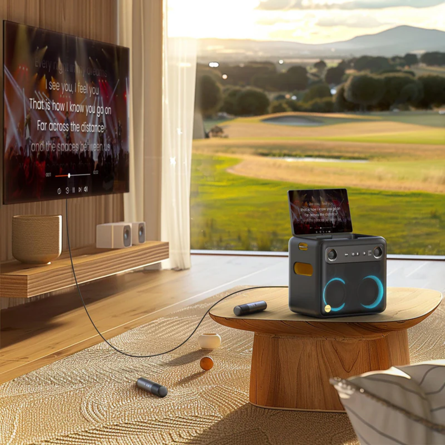 Configuration karaoké avec écran, machine et micro sur une table. TV en arrière-plan.