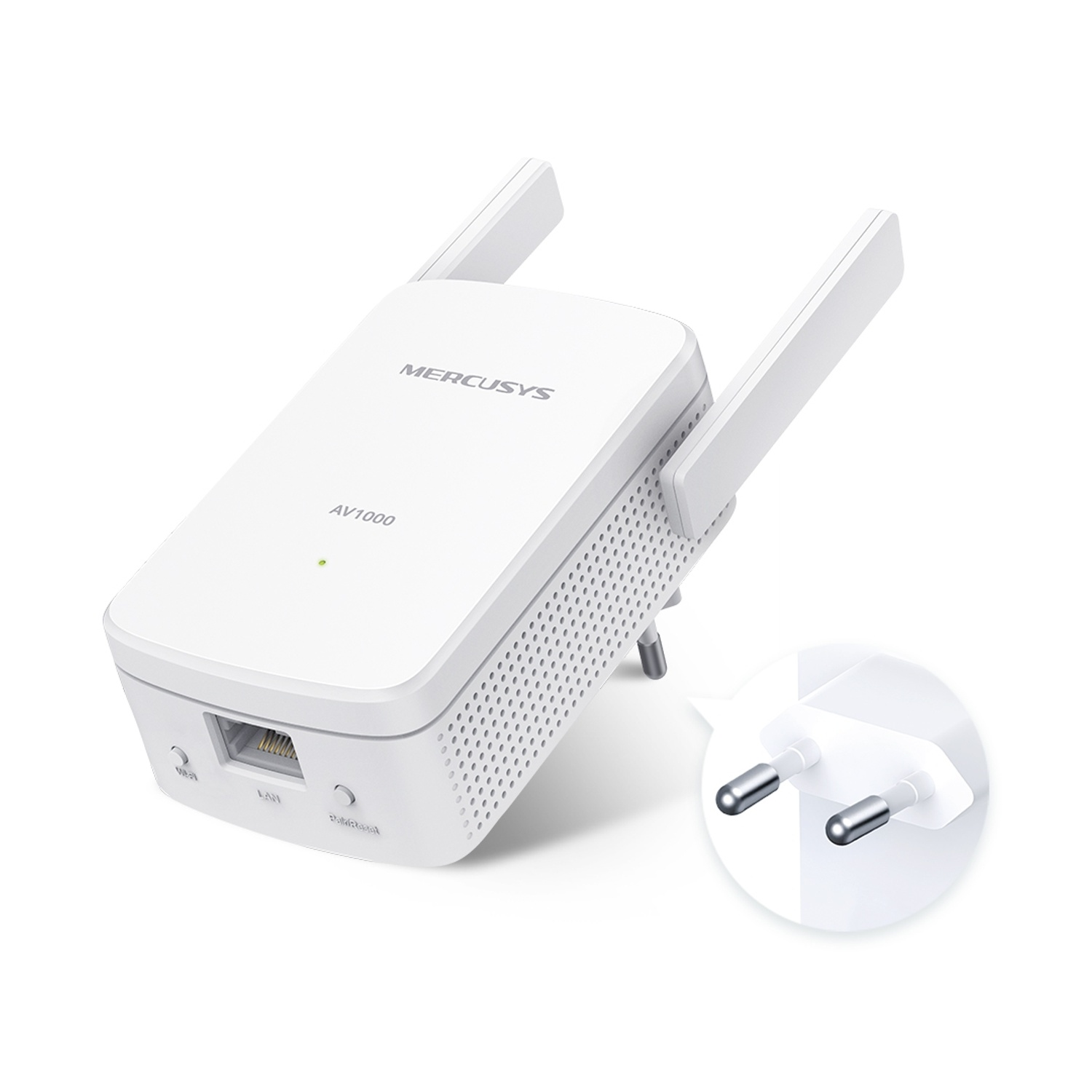 Dispositivo Mercusys AV1000 bianco con spina e primo piano della spina. Bianco.