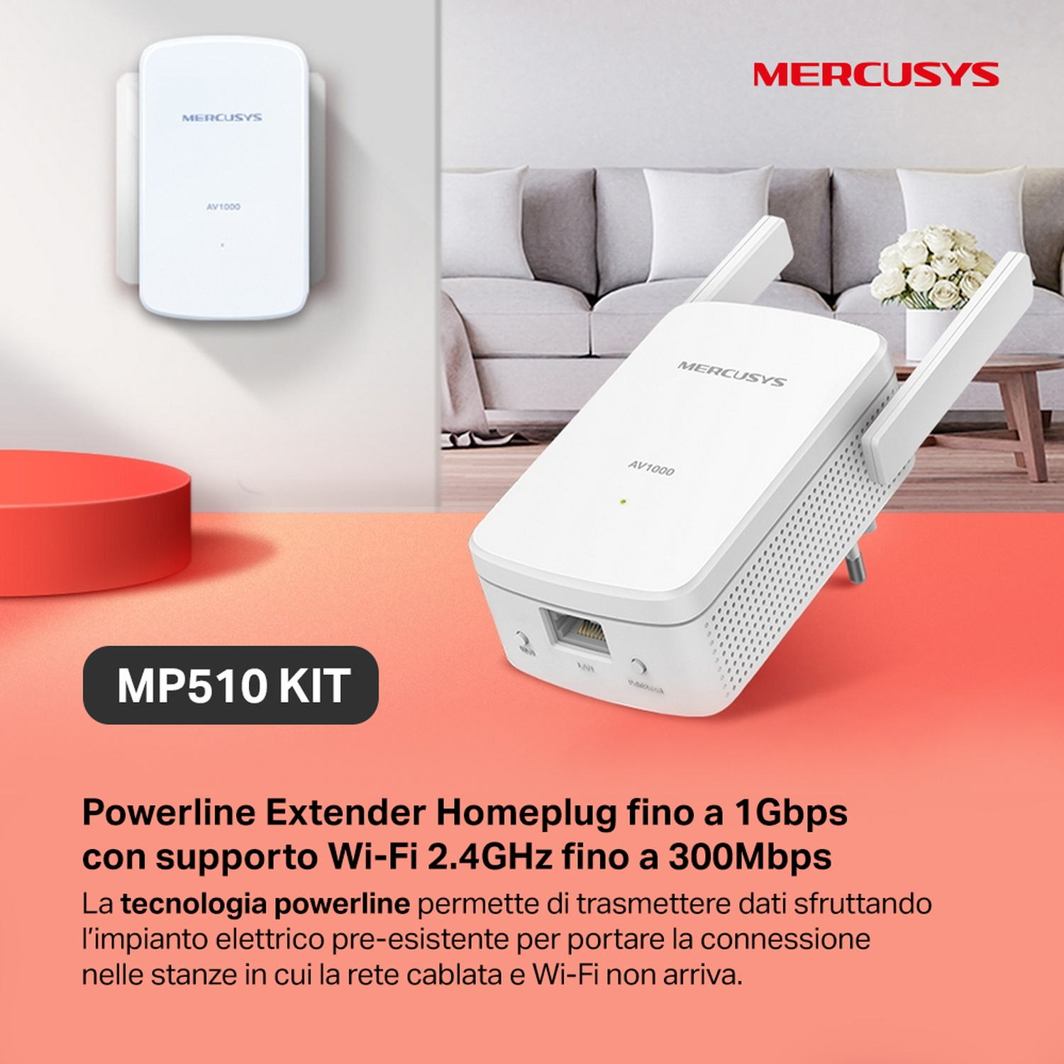 Kit Mercusys MP510 bianco, che mostra il dispositivo e il testo. Sfondo bianco.