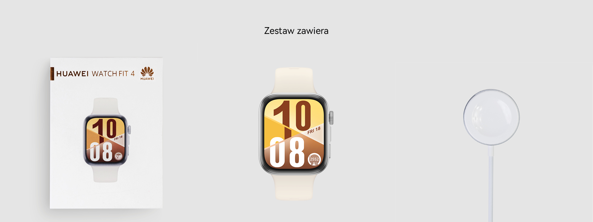 Smartwatch z białym paskiem i pudełkiem.