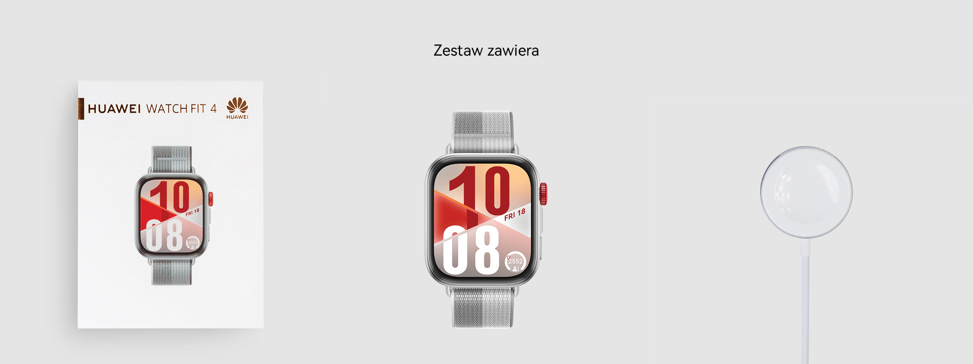 Smartwatch ze srebrnym paskiem i ładowarką.