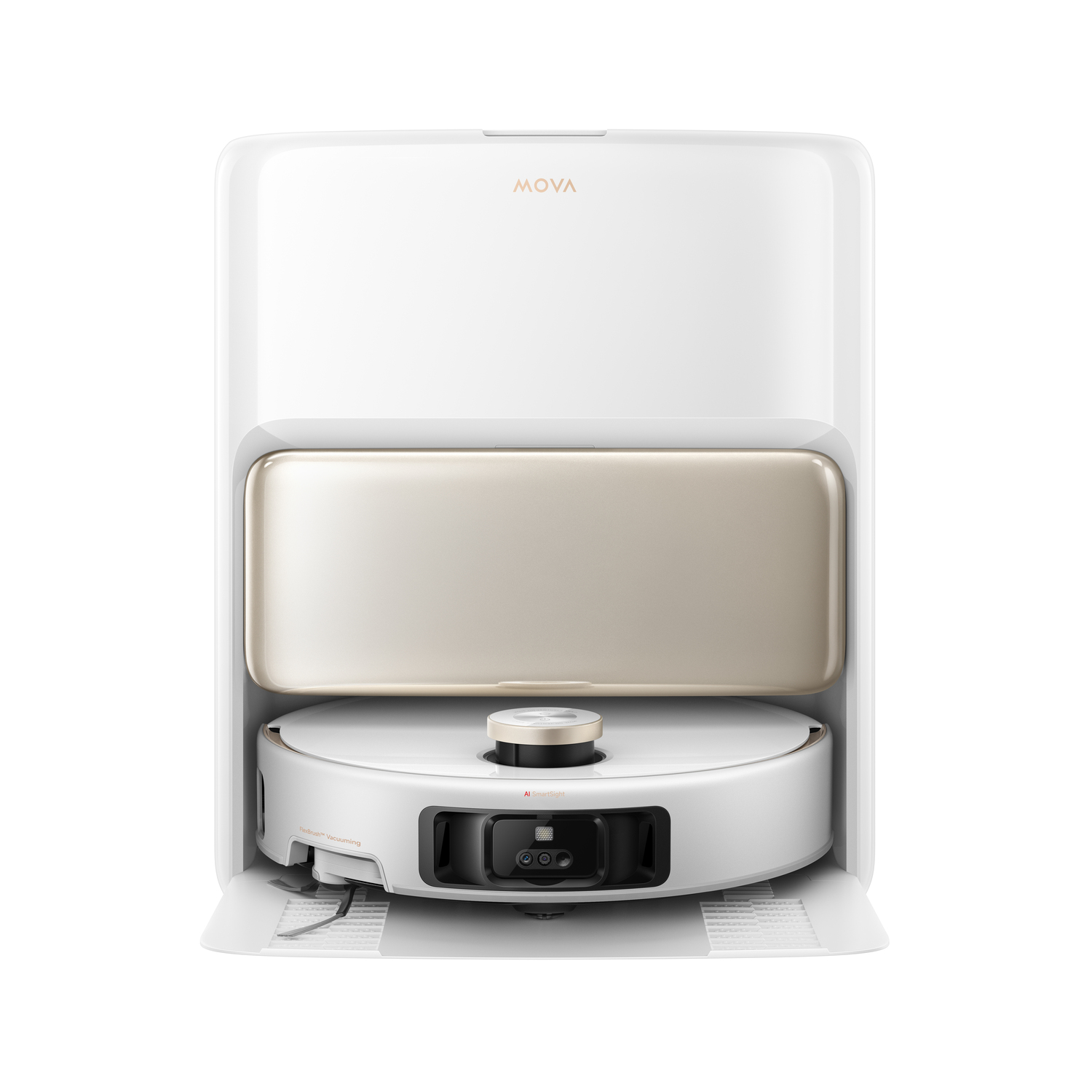 A robot vacuum cleaner on a white stand.