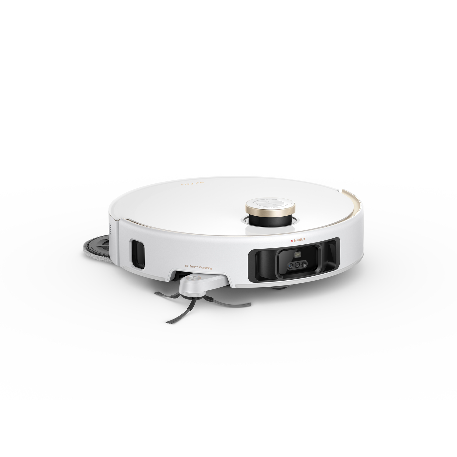 A white robot vacuum cleaner on the floor.