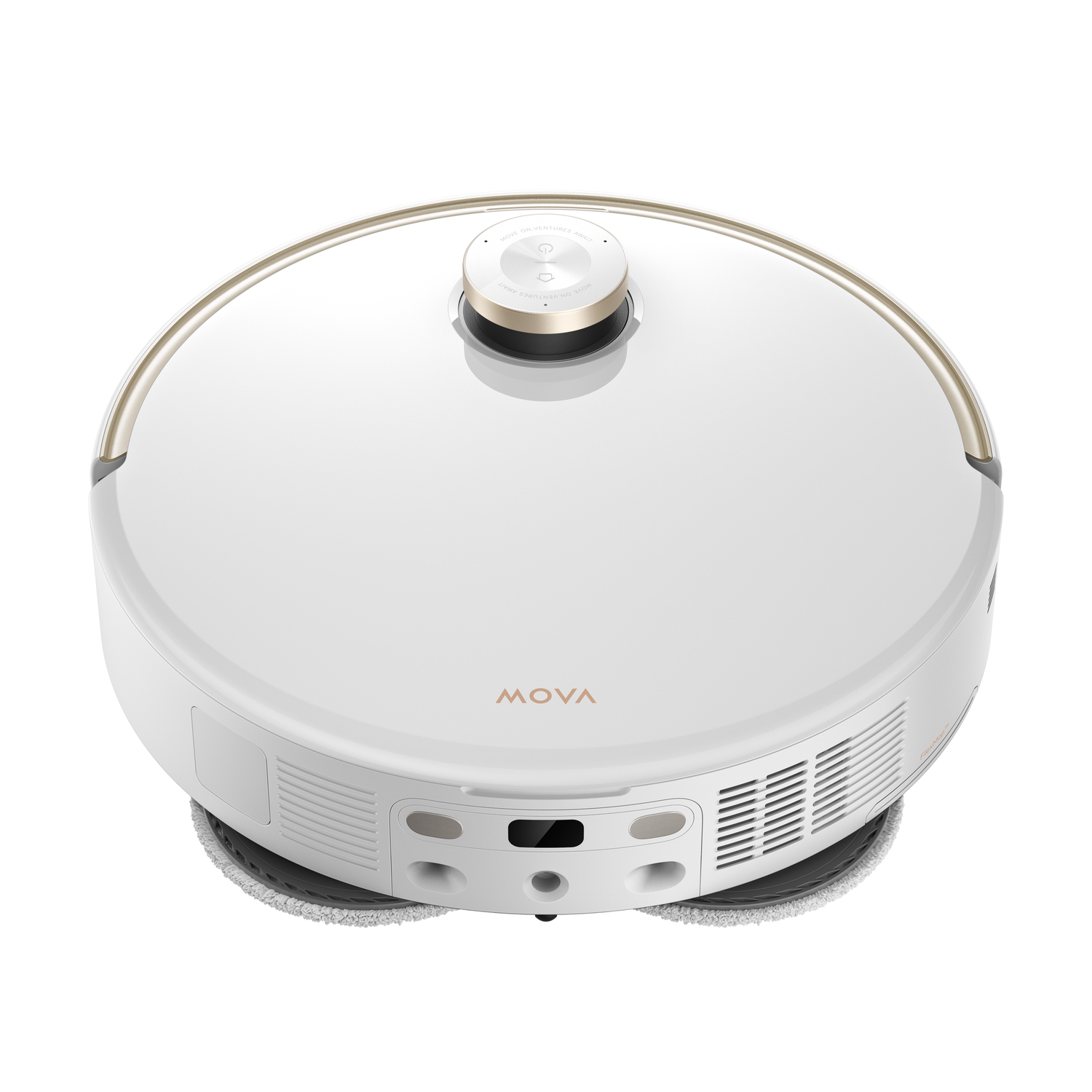 White robot vacuum cleaner, top view. Gold accents. "MOVA" logo.