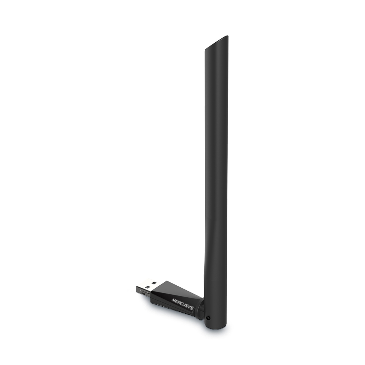 Adattatore Wi-Fi USB nero con antenna, in posizione verticale.