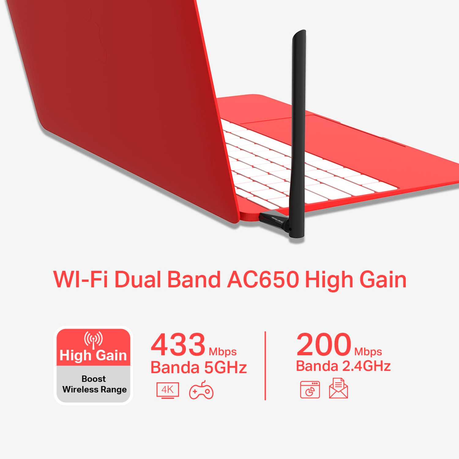 Laptop rosso con adattatore Wi-Fi nero. Velocità dati sul display. Portata wireless.