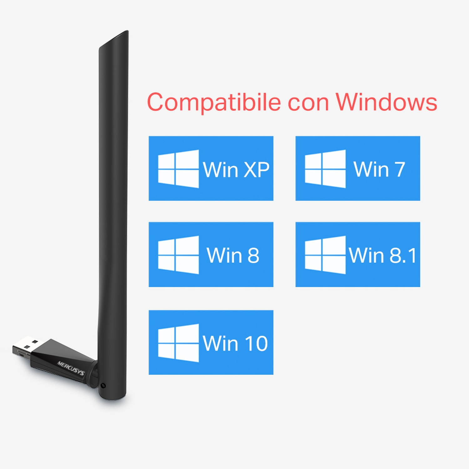 Adattatore Wi-Fi nero con loghi Windows. Tabella di compatibilità.
