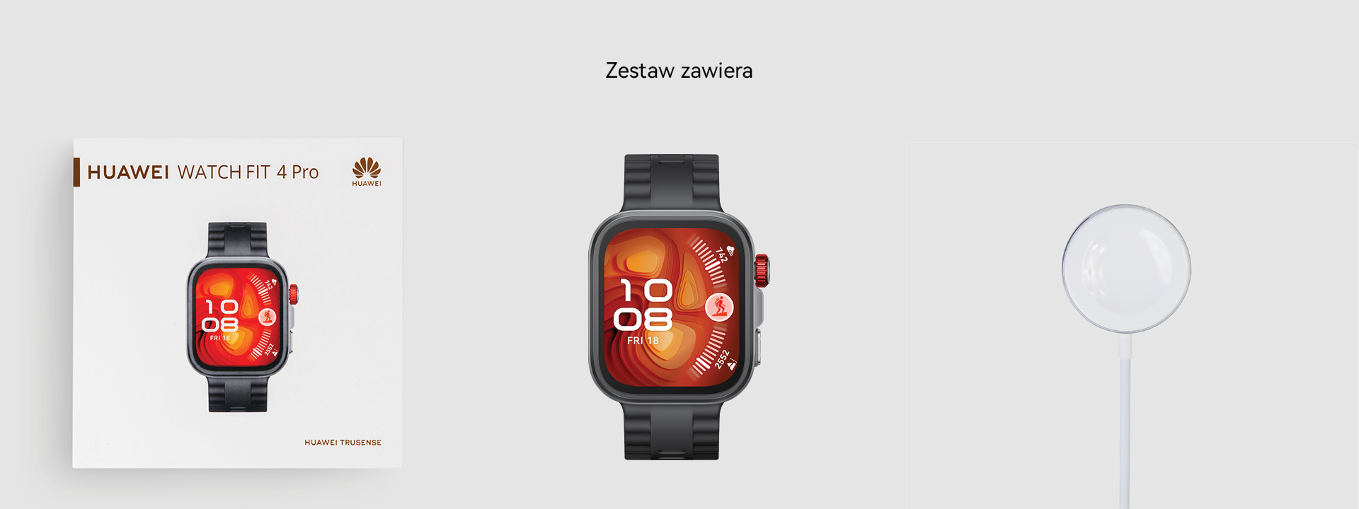 Smartwatch z czerwonym ekranem i czarnym paskiem, ładowarka i opakowanie na białej powierzchni.