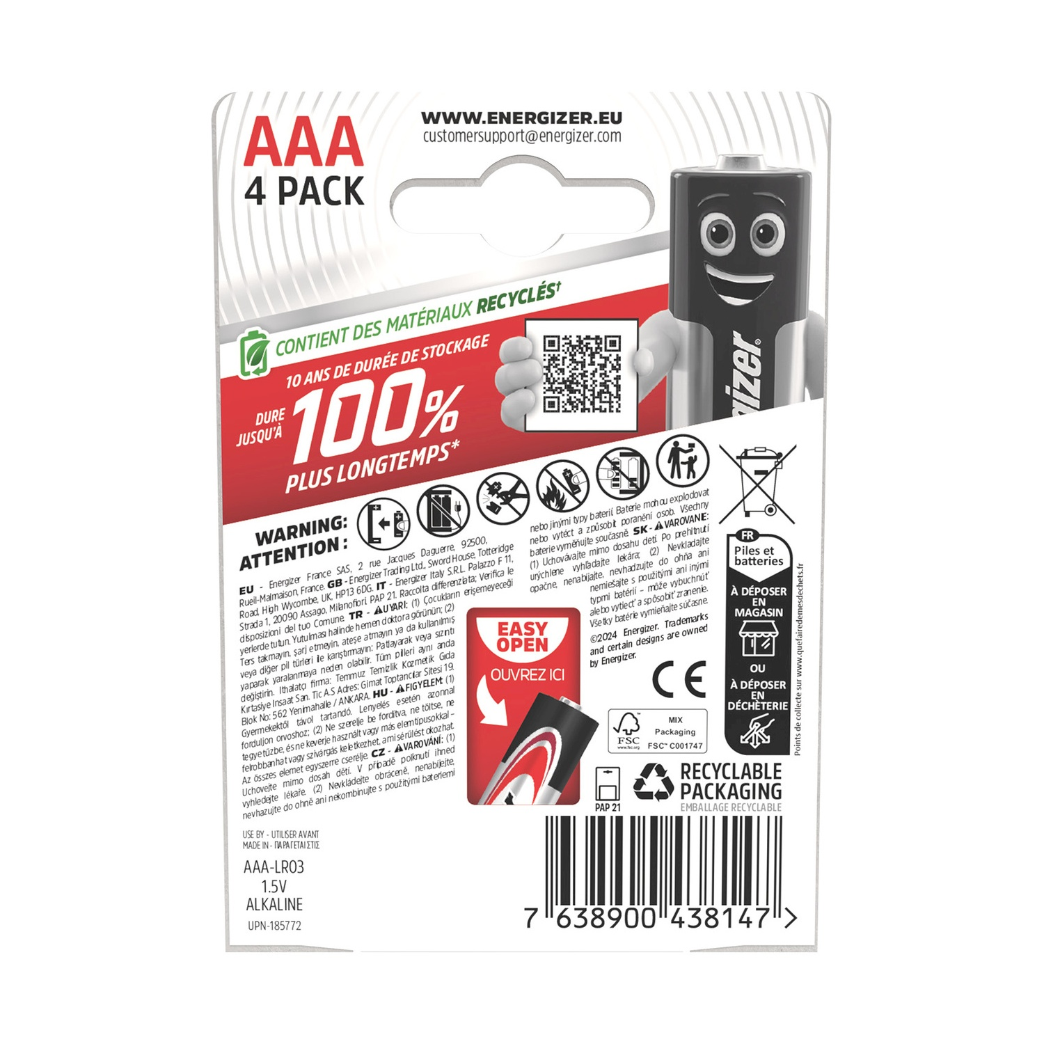 Retro della confezione da 4 batterie Energizer MAX AAA. Contiene avvertenze, informazioni sul riciclaggio e una batteria a fumetti.