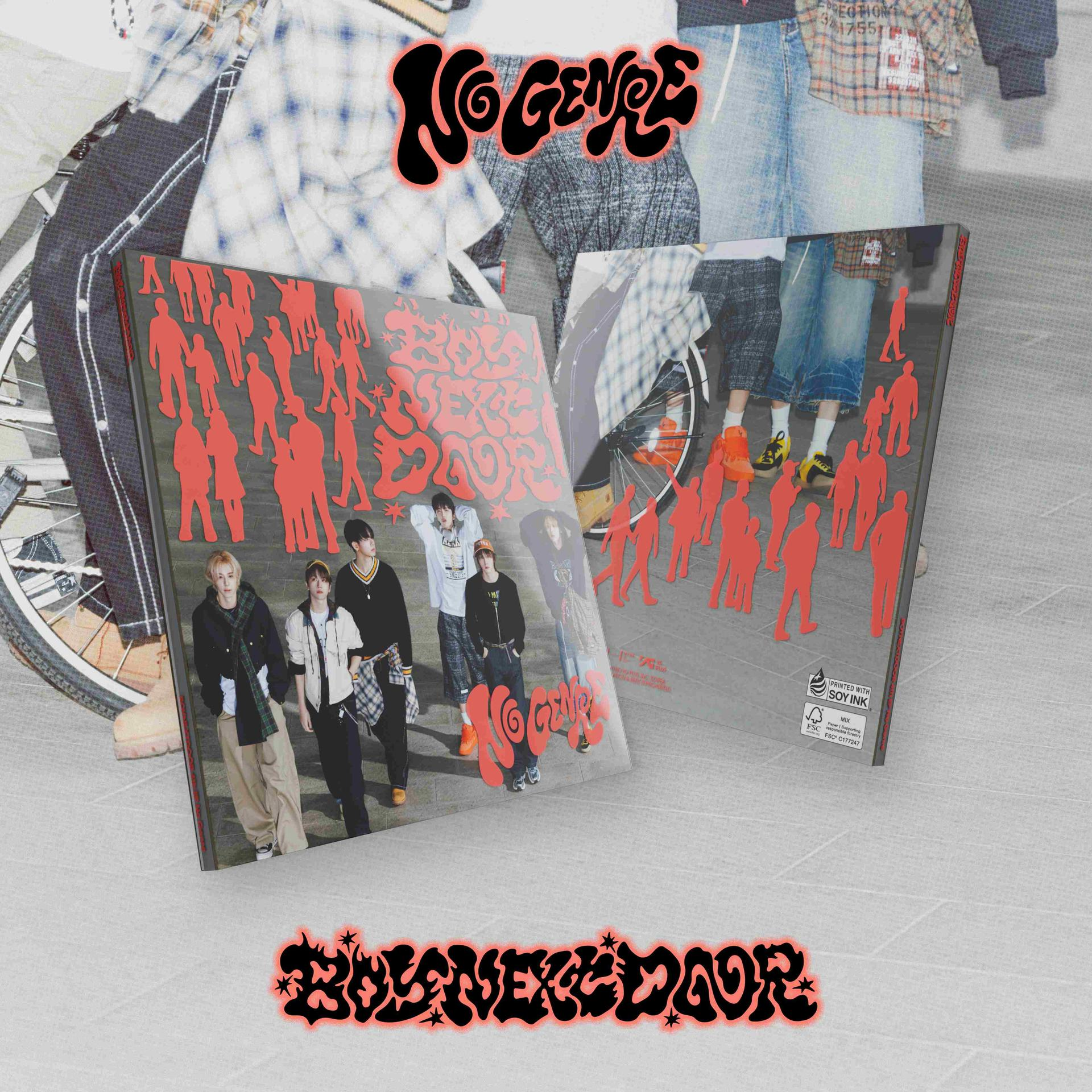 Twee albumhoezen met groepsleden in rode en witte outfits. Albumtitel in gestileerde tekst op grijs.