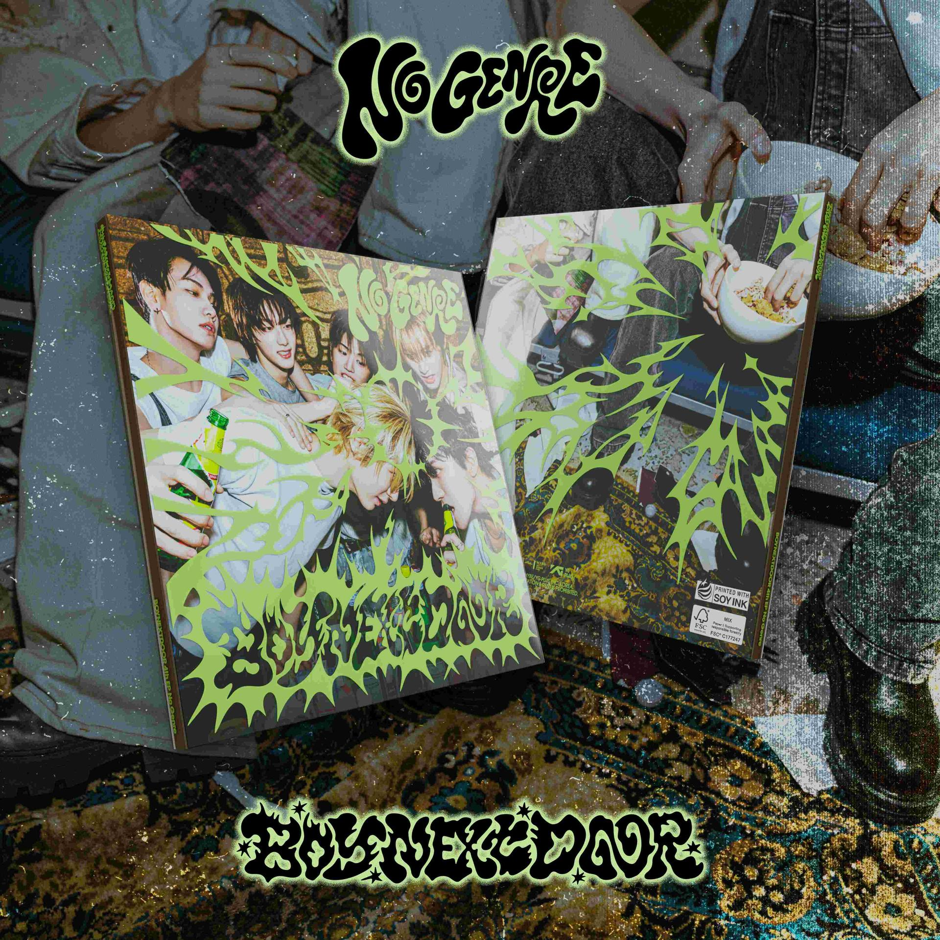 Album cover shows people, neon green art and text. Title "No Genre" and "Blame Next Door" in green.