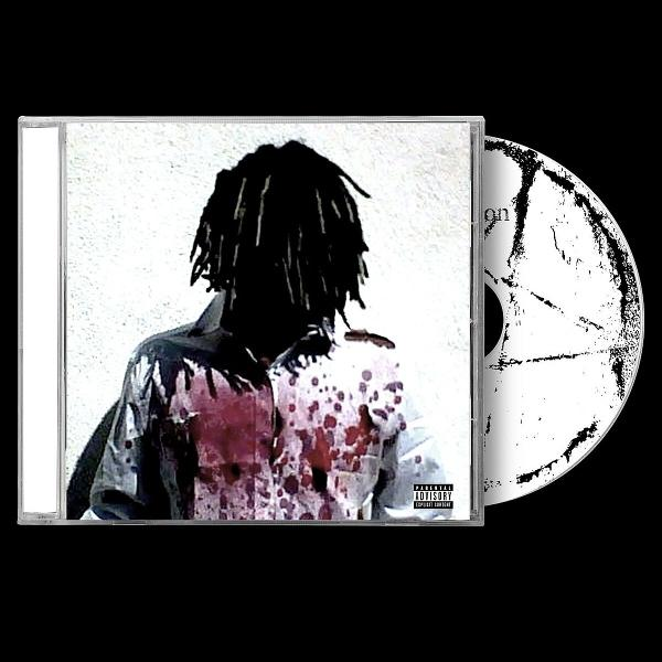 CD-Hülle mit einer Männersilhouette und blutbeflecktem Hemd, mit schwarzem Hintergrund.