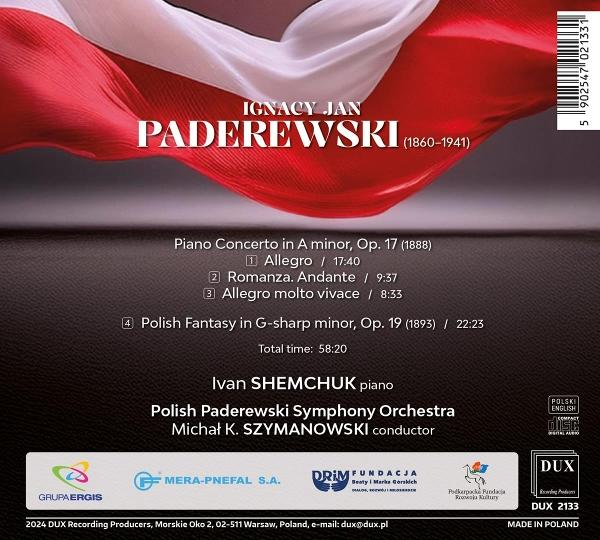 Albumcover: Polnische Flagge mit dem Text 'IGNACY JAN PADEREWSKI'. Noten und Künstlerinformationen. Rot und Weiß.