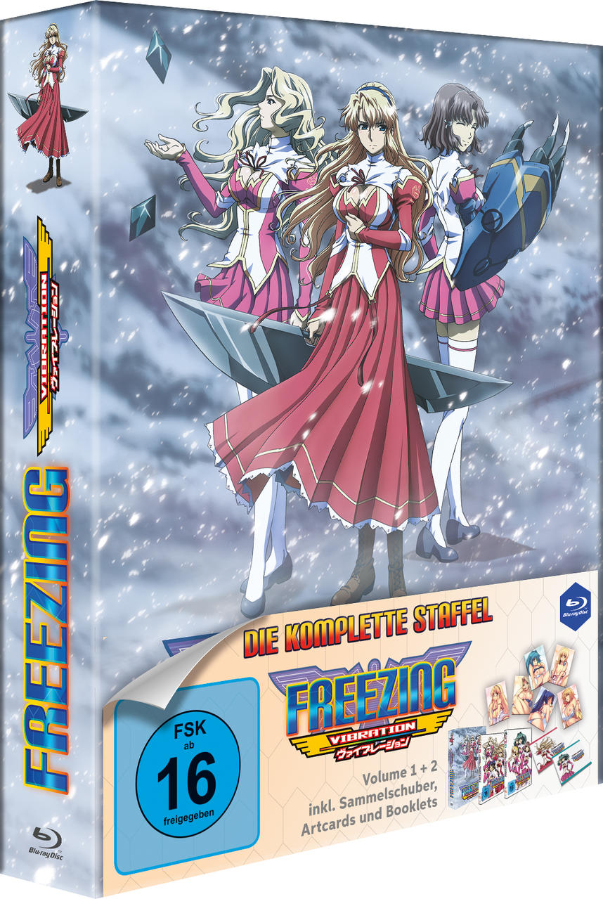 Anime-DVD-Box-Set: Drei Frauen in Schuluniformen. Schnee fällt, helle Farben. Japanischer Text und Logos.