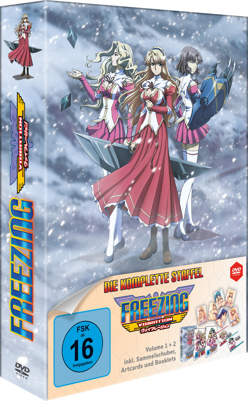 Anime-DVD-Box-Set. Drei Frauen stehen im Schnee. Titel: Freezing Vibration. Deutscher Text. FSK 16-Einstufung.