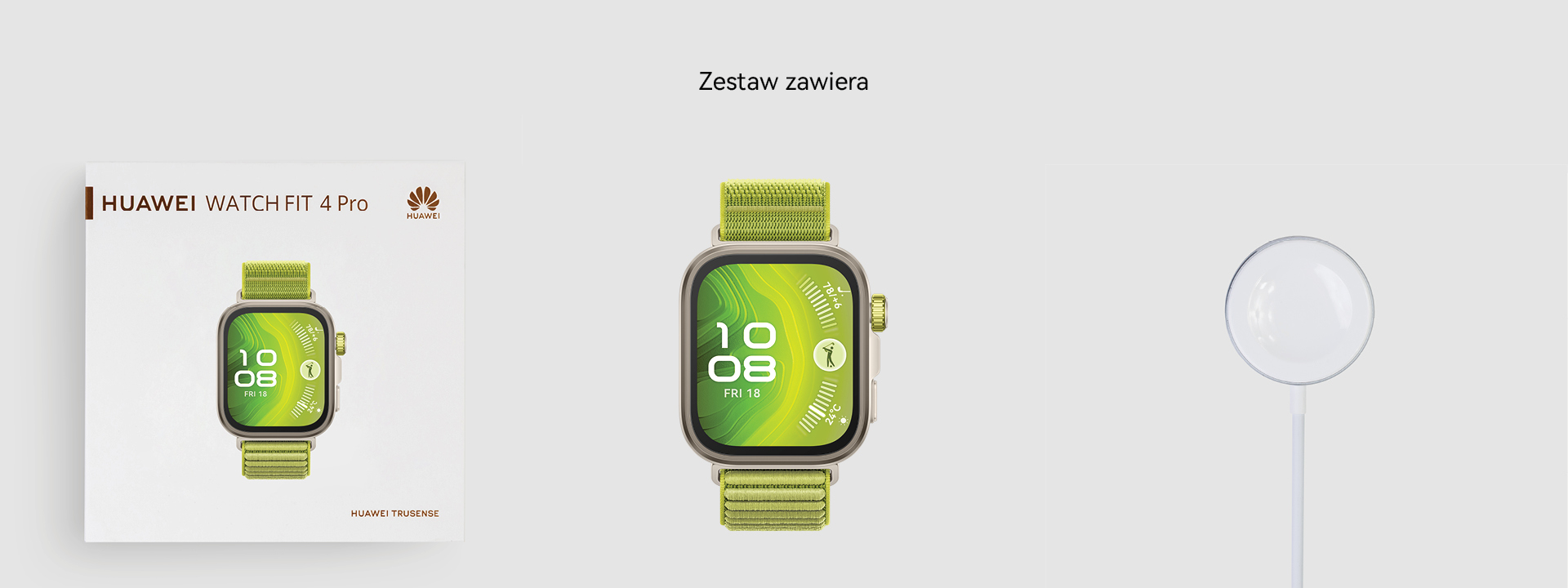 Zdjęcie produktu smartwatcha, pudełka i ładowarki. Zegarek ma zielony pasek i tarczę. Białe tło.