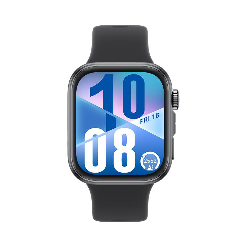 Nahaufnahme des Zifferblatts einer Smartwatch mit Uhrzeit und Datum. Das Zifferblatt ist blau und weiß, mit schwarzem Armband.