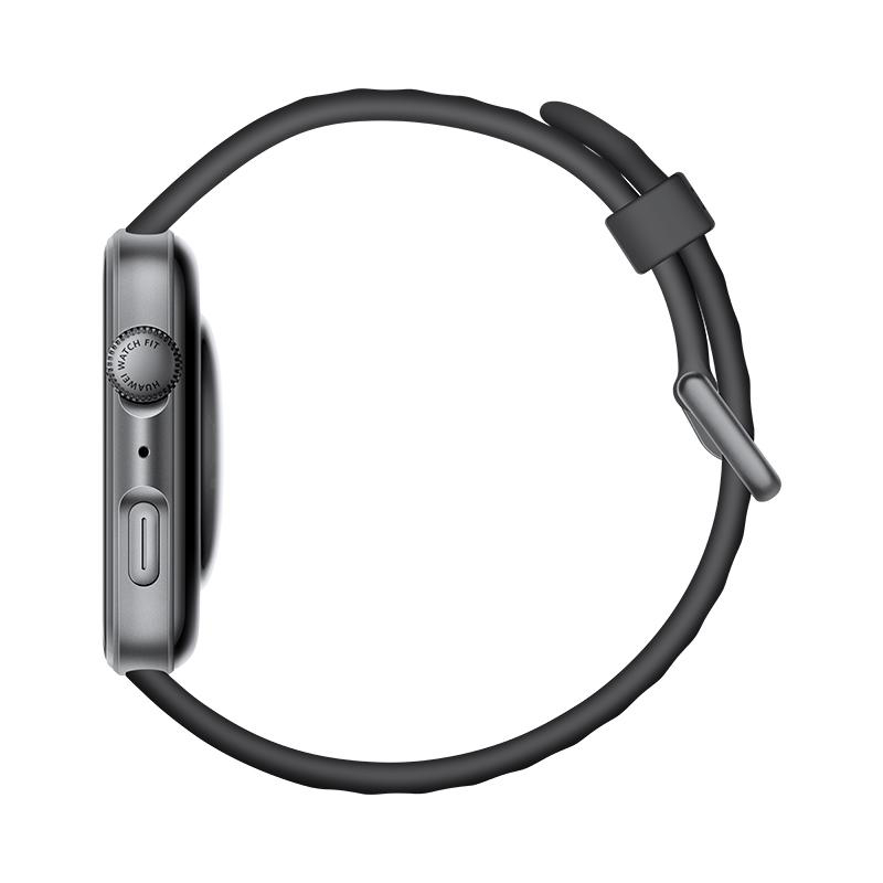 Seitenansicht einer schwarzen Smartwatch mit schwarzem Armband. Die Uhr hat eine silberne Lünette.