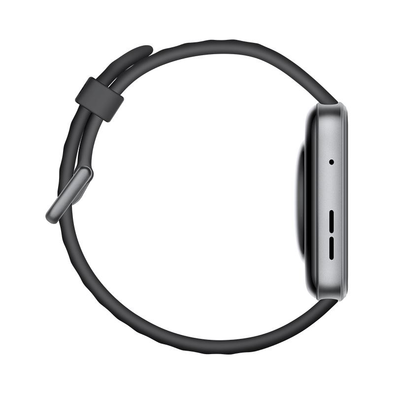 Seitenansicht einer Smartwatch mit schwarzem Armband. Die Uhr hat ein silbernes Gehäuse.