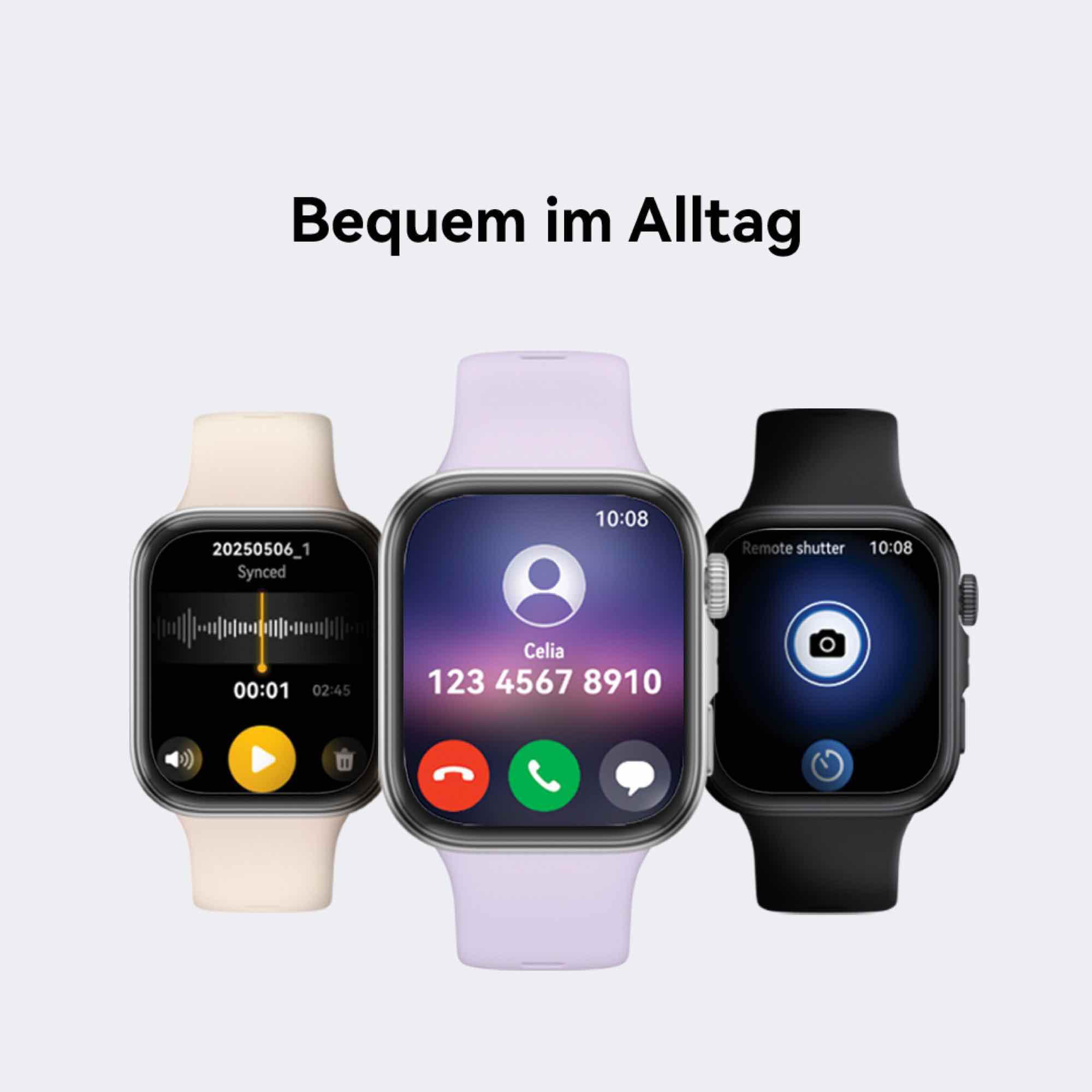 Drei Smartwatches mit verschiedenen Oberflächen. Text auf Deutsch über den Komfort im Alltag.