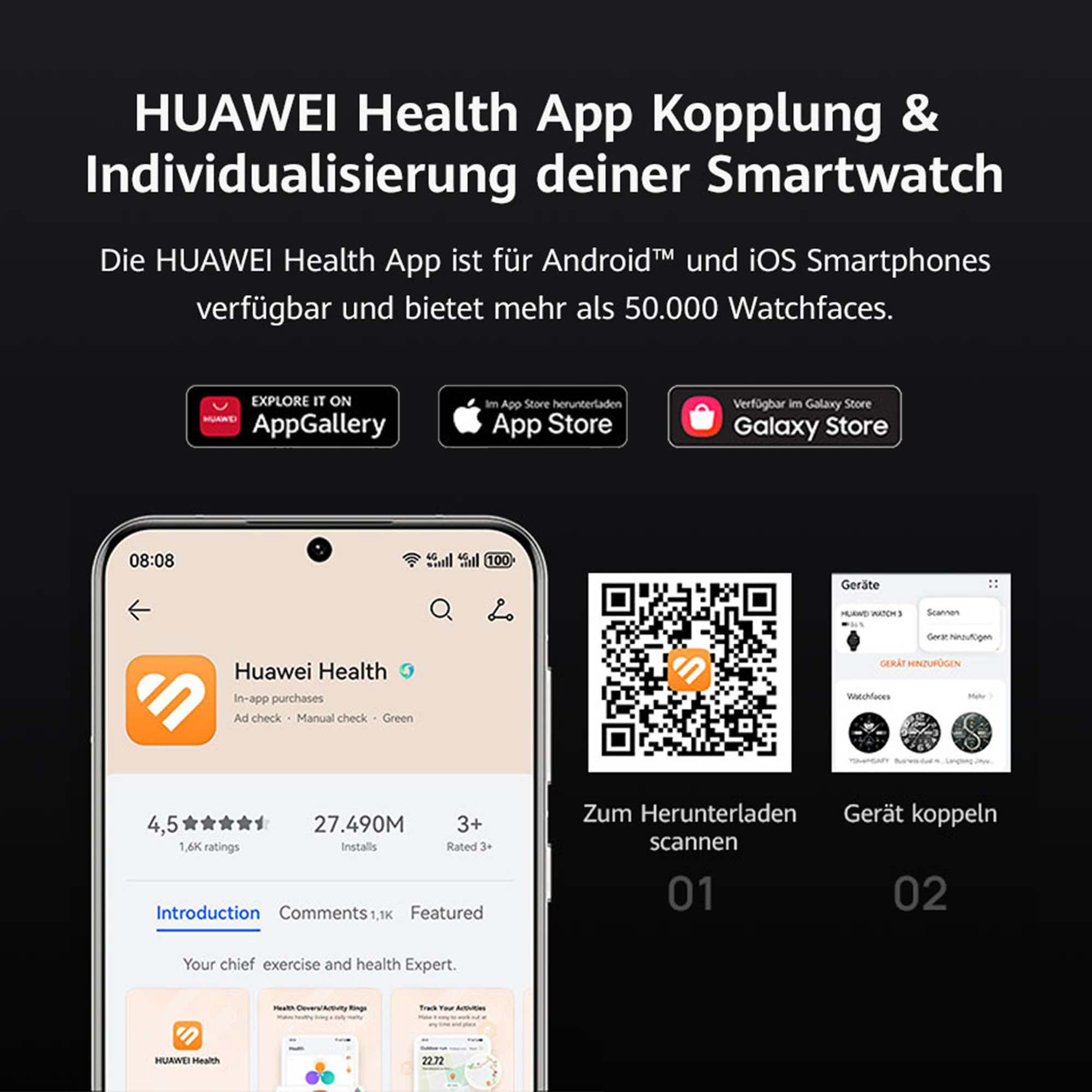 Smartphone-Bildschirm mit Huawei Health App-Oberfläche und QR-Codes. Text auf Deutsch.