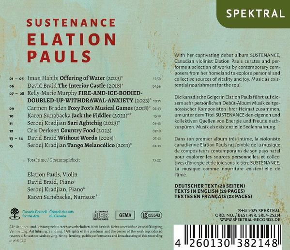 Ein Musikalbumcover mit dem Titel 'SUSTENANCE ELATION PAULS' von Elation Pauls. Text und Logo sind vorhanden.