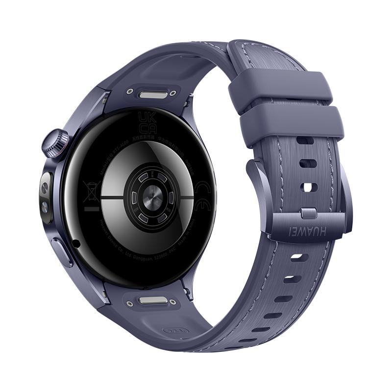 Rückansicht einer Smartwatch mit blau-grauem Armband. Die Uhr hat Sensoren und Branding. Weißer Hintergrund.
