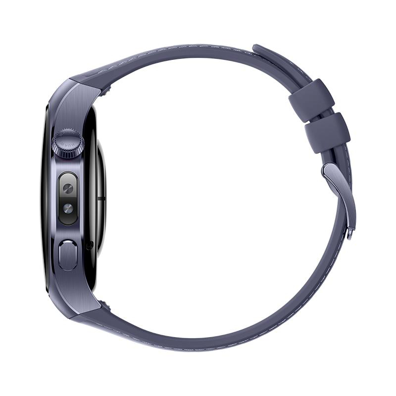 Seitenansicht einer dunkelblauen Smartwatch mit grauem Band auf weißem Hintergrund.