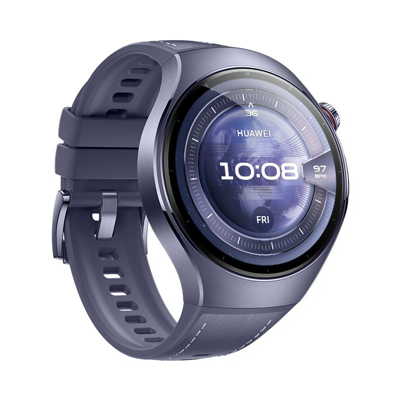 Draufsicht auf eine dunkelblaue Smartwatch, die das Display mit Zeit und Herzfrequenz zeigt.