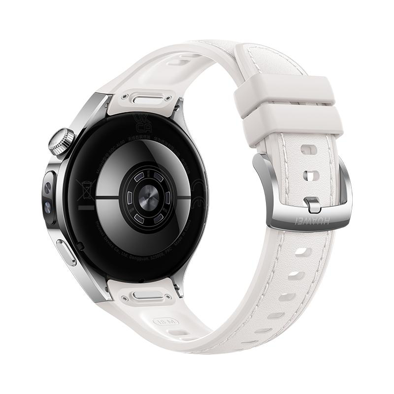 Rückansicht einer Smartwatch mit weißem Armband. Auf der Rückseite befinden sich Sensoren und das Huawei-Logo.