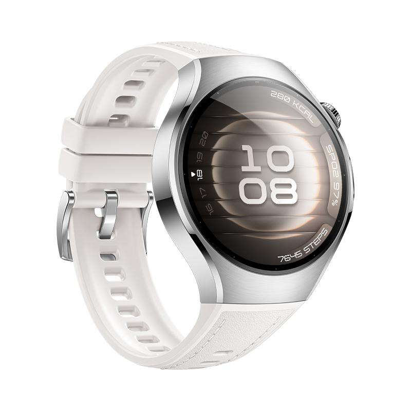 Smartwatch mit weißem Armband. Der Bildschirm zeigt Uhrzeit, Schritte und verbrannte Kalorien.