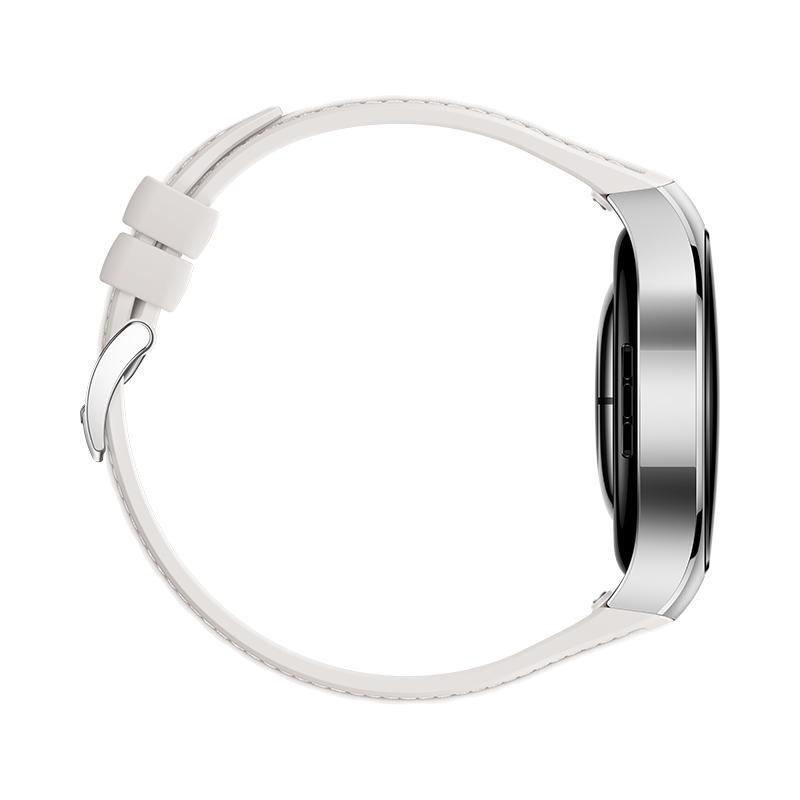 Seitenansicht einer Smartwatch mit weißem Armband. Der Bildschirm ist schwarz, das Design ist gebogen.