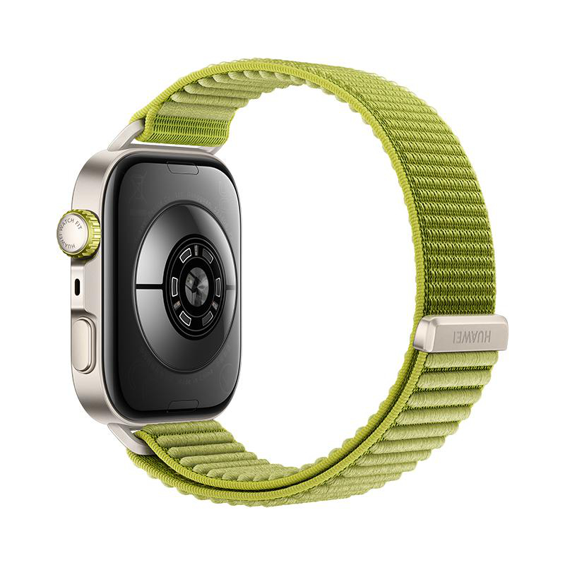 Eine Smartwatch mit grünem Armband, die die Rückseite mit Banddetails zeigt.