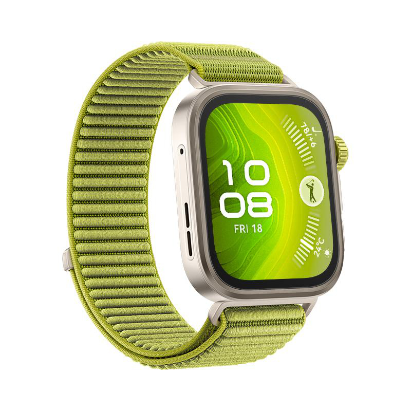 Eine Smartwatch mit grünem Armband, Vorderansicht, zeigt das Zifferblatt.