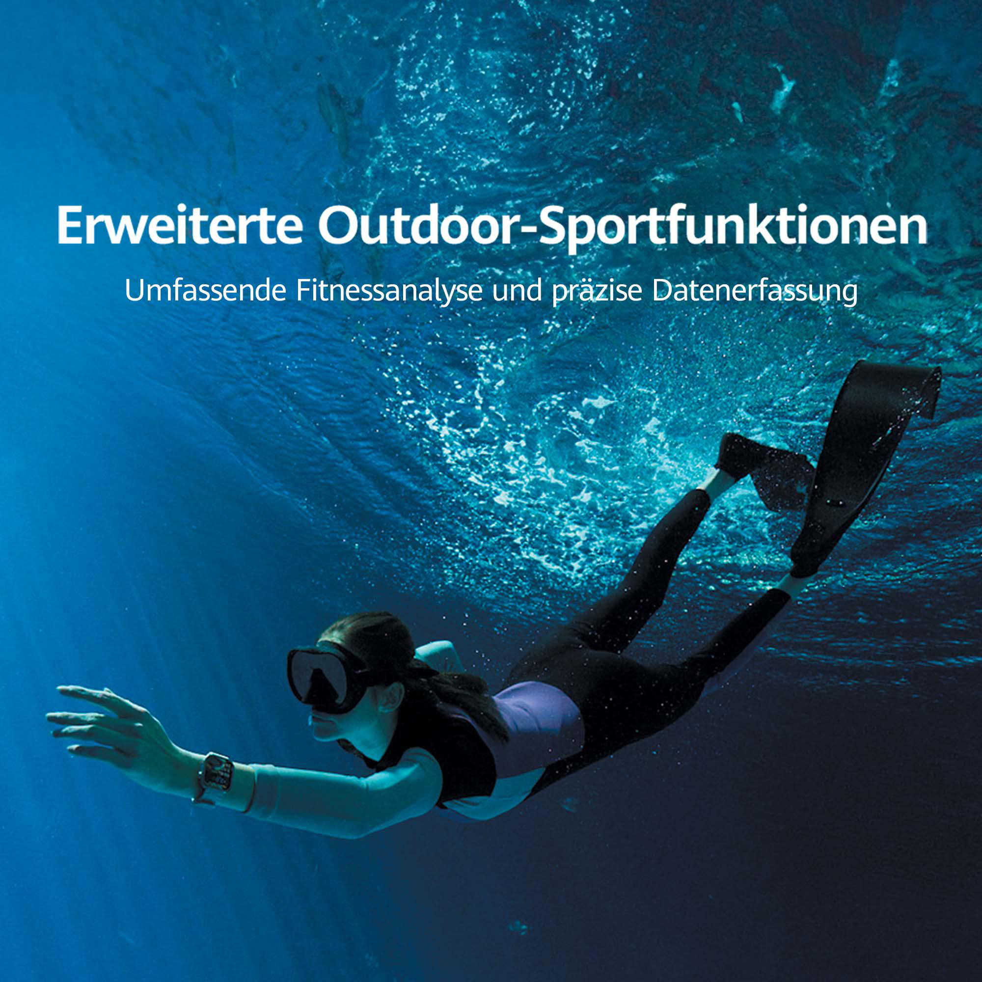 Frau mit Brille und Flossen unter Wasser, die sich ausstreckt. Text: Outdoor-Sportfunktionen.