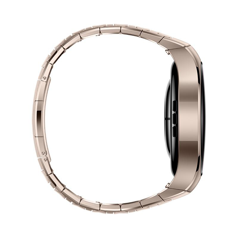 Smartwatch-Seitenansicht, zeigt Seitenprofil. Goldene Uhr mit Metallarmband.