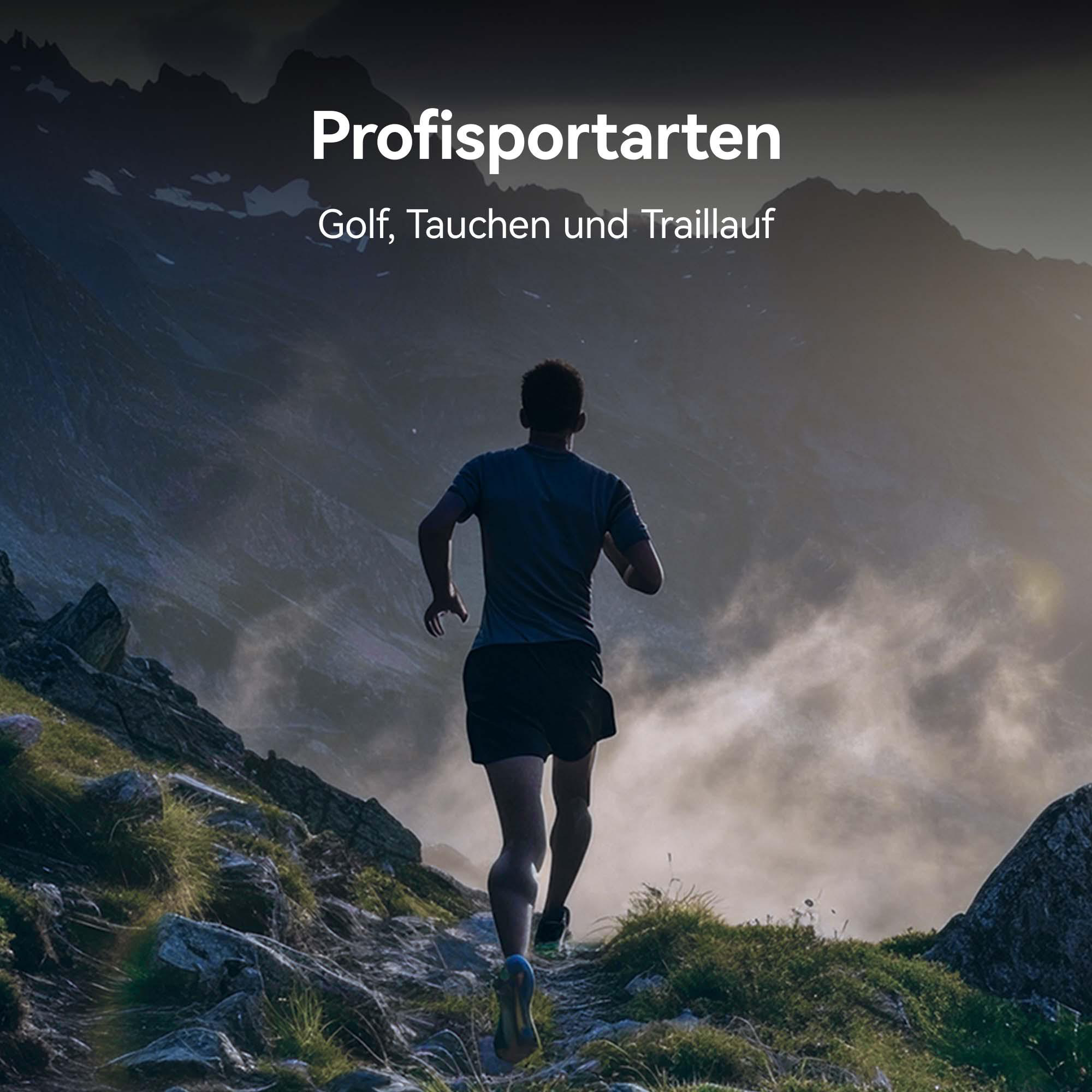 Ein Mann läuft auf einem Bergpfad. Text: Profisportarten, Golf, Tauchen und Trailrunning.