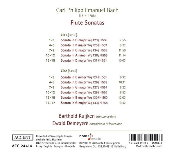 Ein CD-Cover mit der Titelliste. Text: Carl Philipp Emanuel Bach, Flötensonaten und Details der Titel auf der CD.
