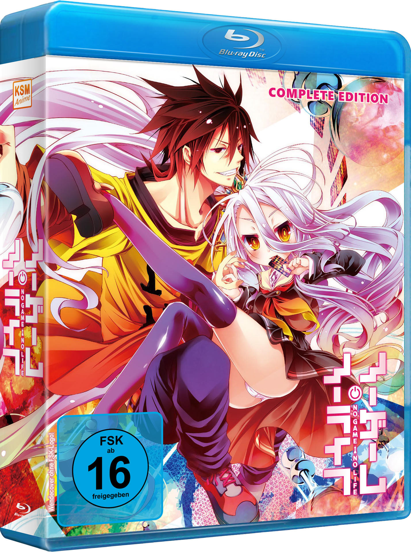 Blu-ray-Anime-Cover mit zwei Charakteren. Text: No Game No Life, Complete Edition, mit zwei Anime-Charakteren.