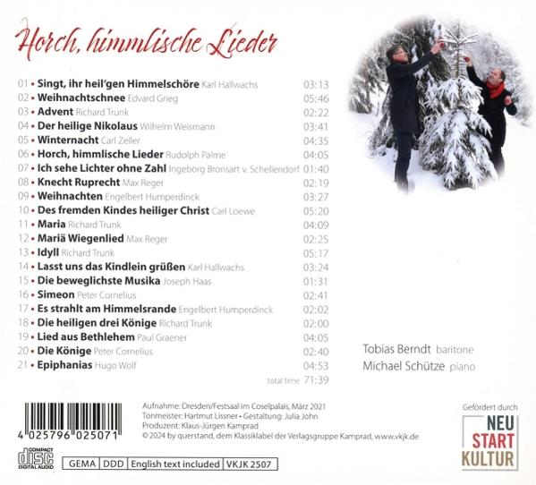 CD-Cover: Horch, himmlische Lieder. Text mit Titeln und zwei singenden Männern. Baum und Licht im Hintergrund.