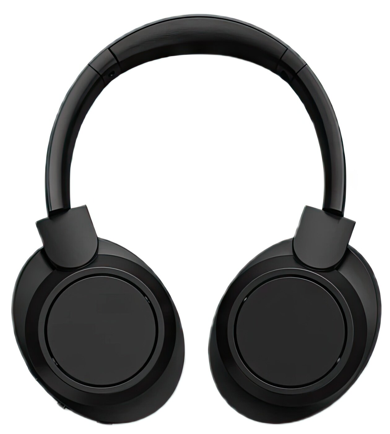 Czarne słuchawki. Słuchawki są na uszach. Tło jest białe.