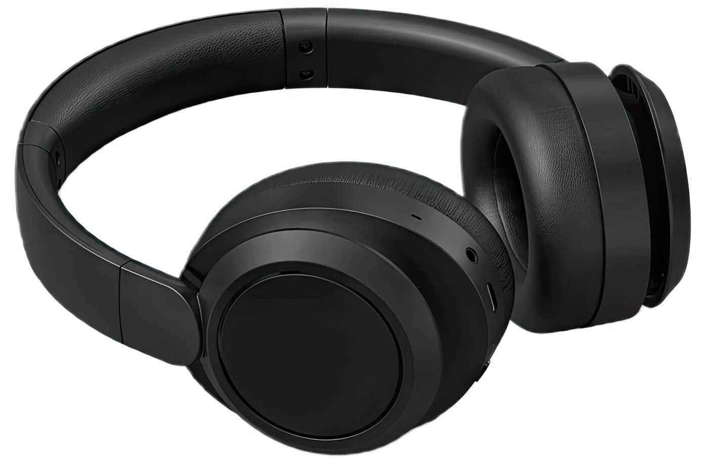 Czarne słuchawki. Słuchawki są na uszach. Tło jest białe.