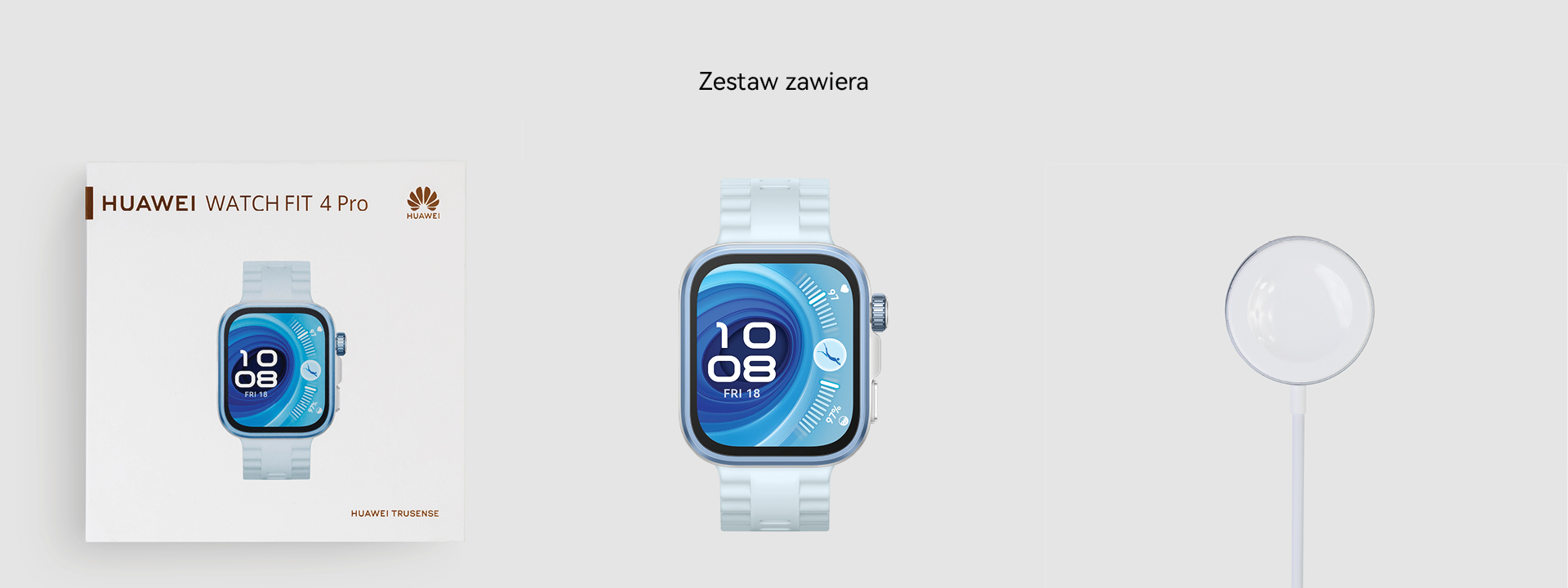 Pudełko ze smartwatchem i ładowarką. Smartwatch jest jasnoniebieski z niebieskim ekranem.